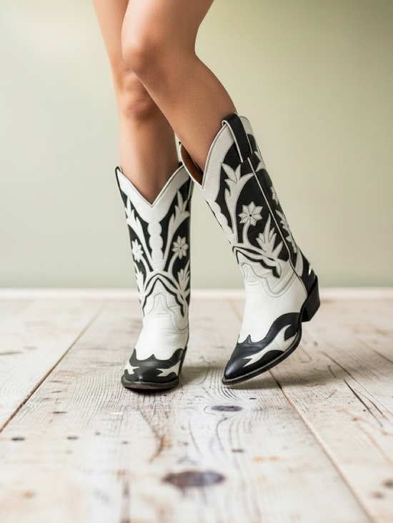 Vintage Shoes - Vintage Custom El Paso Cowboy Boots Black White Floral Inlay Peewee Womens 8.5